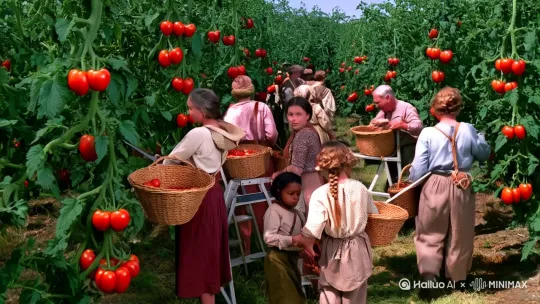 在小人国  一群男女老少的小人 背着背篓 拿着剪刀和梯子 在果园里摘番茄  大大的番茄需要几个小人一起合力去采摘 by Hailuo AI Video Generator