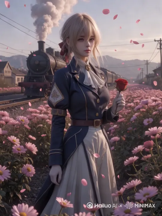美人在闻花香，花被风轻轻吹动，背景里的火车飞快驶过。 by Hailuo AI Video Generator
