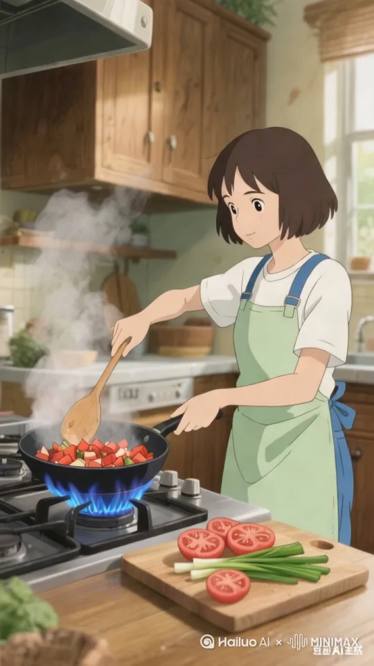 女孩在炒菜，镜头对焦伸长度 by Hailuo AI Video Generator