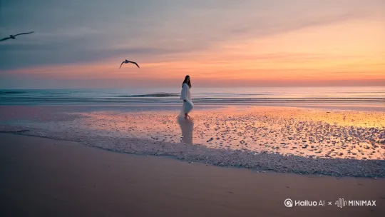 天色微明，海天相接处尚存一丝灰蓝，海面却已悄然亮起了一抹柔润的金红。晨风自远方而来，携着清冽的海盐气息与湿润水意，温柔抚过沙滩。海滩上，细软的沙粒被潮水反复舔舐，铺开一层平滑如镜的湿润镜面，晨曦初露，这镜面便也映出了些微柔光。潮水退去，留下沙粒间点点贝壳残片，宛如被遗忘的星辰碎片，闪烁着微弱而倔强的光芒。远方，几只海鸟低飞，偶尔发出一两声清啼，竟像是液态的叹息，落入了这片静谧之中。

就在这晨光初绽、万物悄然苏醒的时刻，林晚的身影渐渐清晰起来。

她踏上了这片沙毯，步履轻盈，每一步都似乎小心翼翼，仿佛唯恐惊扰了这方寸之地沉睡的梦境。她穿着一条亚麻色的长裙，裙摆宽松，在拂晓的风里轻轻摇曳，不时缠绕上她纤细的小腿，又复飘开，宛如一种无声的舞蹈。风不止息，撩拨着她柔顺的长发，发丝在她脸侧和颈项间拂动，似有几分不安分，又似在柔柔地诉说什么。她的脸孔清秀，眉目疏朗，虽不见浓妆艳抹，却自有一股沉静的气息悄然弥散开来，仿佛清晨凝结的露水，既清澈又带着微凉的重量。

她忽然停了下来，目光投向远处海天交界处，那里正被初生的朝阳缓缓渲染。云霞渐渐被那巨大的光轮捻亮，边缘镀上难以言喻的金色光芒。林晚微微仰起头，任凭那暖意初生的光芒洒落于她的脸颊、颈项，甚至是微闭的眼睑之上。此刻，她嘴角似乎悄然弯起一丝弧度，难以察觉，却真切存在——是独处时才肯流露的、卸下重负的松弛，如同紧闭的贝壳终于向信赖的世界吐露了柔软的内里。

她缓缓弯下腰，脱下脚上那双精致的高跟鞋，一手提一只，赤足踏入了沙滩。那细腻微凉的触感仿佛电流，自脚底直窜而上，她轻轻吸了一口气，随即迈开了步子。脚趾深深陷入湿润的沙中，每一步都留下一个清晰的印痕。沙粒被挤压、塑形，忠实地记录着她行进的轨迹。她走走停停，时而驻足凝望远处海面上跳跃闪烁的点点金光，时而垂首寻觅沙中偶现的奇特贝壳。她拾起一枚螺旋纹路的小海螺，在掌心轻轻摩挲，感受那被海水与时间打磨得温润如玉的质地，然后凑近耳边，仿佛真的能从那微小的空腔里，听到大海在另一片时空的古老低语。

海风渐渐大了，更猛烈地推搡着她的裙裾，裙角翻飞如白鸟振翅，猎猎作响。她并未刻意去抚平，反而微微张开双臂，感受着风的力量与方向。风掠过发梢，掠过耳际，带来遥远海域的讯息，也卷走了她身上那若有若无的、属于都市的某种香水气息。她如同一个被自然之力重新塑形的存在，轮廓在风中愈发清晰，又似乎随时会融入这海天之间。沙滩上那两行蜿蜒的脚印，在逐渐强烈的日光下，显得异常清晰，如同大地温柔的刻痕，标记着独行者曾在此处的心灵驻留。

潮汐仿佛终于从酣眠中苏醒，试探着、温柔地，又带着不可抗拒的执拗，重新向着岸上蔓延。海水以极其缓慢而耐心的姿态，一寸寸地漫上来，亲吻着干燥的沙地。当第一波潮水终于抵达林晚留下的脚印时，奇迹般地，那清晰分明的轮廓边缘开始变得模糊、虚化。海水温柔地灌入脚印凹陷的底部，抚平那些被脚掌挤压出的棱角与皱褶。沙粒在水中悬浮、旋转、沉降，脚印的边界被悄然瓦解、侵蚀。一个、两个……那曾如此清晰记录过她存在的足迹，在海水一次次耐心的冲刷与覆盖下，渐次变得浅淡、稀薄，最终被沙与水重新调和、抹平，仿佛从未有人涉足。

林晚此时已走到远处一块巨大的礁石旁。她停住脚步，背对着镜头，面朝那片此刻已完全燃烧起来、辉煌壮阔的海上日出。她的身影在宏大背景中显得纤细而渺小，却又因那份安静伫立的姿态而带上一种奇异的稳定感。礁石黝黑，沉默地承载着她，她的亚麻长裙在愈发强烈的海风中剧烈地鼓荡翻飞，像一面小小的旗帜。她的目光越过喧腾不息的金色海面，投向更遥远的地平线，仿佛那里有某种无声的召唤。在朝霞的涂抹下，她的侧影轮廓被勾勒出一道明亮的金边，而正面却沉入礁石巨大的阴影里。光与影在她身上剧烈地撕扯着，形成一种无声的张力。

最终，她转过身，开始沿着来时的方向，向着城市的方向缓缓走去。只是沙滩上，已经寻不到来时清晰的脚印了。潮水不知疲倦地涌上退下，一遍遍耐心地、不留情面地抹平沙面。她身后，只余下一片被海水反复浸染、抚平的、光滑如初的沙滩。海水温柔而决绝，抹平了所有痕迹，仿佛大地以无言的方式宣告：无论谁曾在此驻足，都不过是永恒沙岸上的一瞬微尘。

林晚的身影，连同她手中那双象征都市身份的高跟鞋，最终在沙滩的尽头，在城市轮廓初显的方向，渐渐缩小，模糊，直至消失不见。

人终究要回到烟火深处去。那些短暂的逃离，如潮水漫过沙滩上的足迹，终究会被时间耐心地抹平。然而正是这看似徒劳的出走，在心灵深处刻下了无形的印记——我们带着沙粒的咸味回到人间，那印记便成了灵魂暗处，一枚能回响海潮声的贝壳。 by Hailuo AI Video Generator