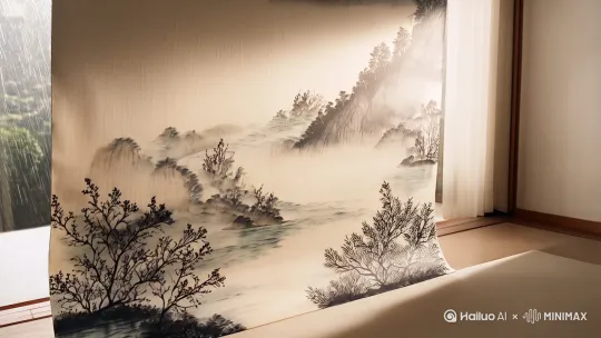 生成一个字幕为千年礼俗的，画面为水墨山水画卷展开，春雨绵绵的视频 by Hailuo AI Video Generator