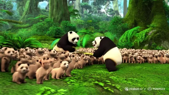 两只熊猫为吃一根竹子一言不合就大打出手，吸引好多小动物围观[右移,左摇,跟随] by Hailuo AI Video Generator