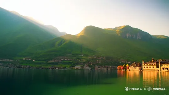 远处，青山如黛，似一道天然的屏障，巍峨地屏立在湖畔。那连绵起伏的轮廓，被岁月勾勒得刚劲又不失柔和。脚下的湖水，宛如一面巨大的明镜，澄澈而平静，将岸边错落有致的小镇完美倒映。
 
阳光洒下，给小镇的屋顶、墙壁都镶上了一层金边。在这里，时光仿佛也眷恋这方美景，不自觉地放慢了匆匆的脚步。每一寸风景，无论是古老的石墙、摇曳的花枝，还是波光粼粼的湖面，都在无声诉说着宁静与美好。这处地方，宛如尘世之外的诗意栖息地，让人忘却喧嚣，只愿沉醉在这一抹湖光山色里。 by Hailuo AI Video Generator