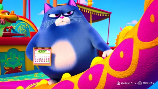 画面主体是一只蓝色的胖猫，耳朵内侧为粉色，有着白色的胡须和粉色的鼻子，站在端午龙舟上，手上拿着星期一的日历本，另一只手的食指，指着日历本上的星期一，神情激愤[左移,推进,右摇] by Hailuo AI Video Generator