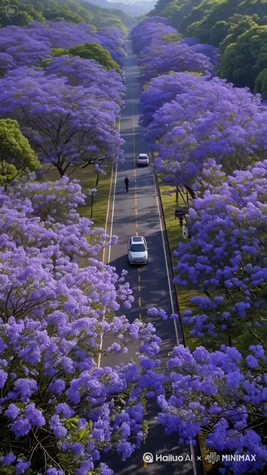昆明蓝花楹盛开，汽车穿行花海，雨后绿植生机勃勃。[推出,上升,下摇] by Hailuo AI Video Generator