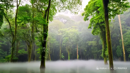 请生成一段展现江南烟雨雨林场景的视频，时长约 [1] 分钟。画面中，细密的雨丝如银线般纷纷扬扬地洒落在郁郁葱葱的雨林里，高大的树木枝叶在雨中轻轻摇曳，偶尔有晶莹的雨滴从叶尖滑落。整个雨林被一层淡淡的、若有若无的烟雾所笼罩，营造出一种如梦似幻、烟雾飘渺的氛围。镜头可从远处缓缓拉近，展现雨林的整体朦胧之美，接着切换到近景，捕捉雨滴打在叶片上溅起的微小水花，以及雾气在林间缓缓流动的动态。在画面色调上，采用淡雅、清新的色调，以绿色和灰色为主，适当点缀一些柔和的暖色调，增强画面的层次感和氛围感。 by Hailuo AI Video Generator