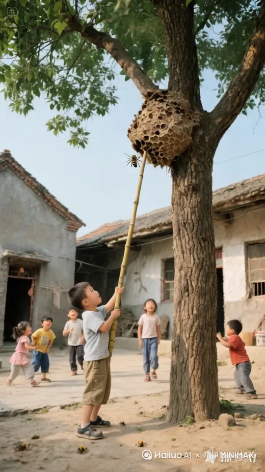 在乡村小院那棵粗壮的树下，阳光斑驳洒落。小男孩一脸调皮，双手紧紧握住长长的竹竿，卯足了劲去捅树上的马蜂窝。周围几个小伙伴，有的紧张地捂着眼睛，从指缝间偷看；有的兴奋地跳脚，大声呼喊。
 
随着“扑通”一声，马蜂窝重重砸到地上，瞬间四分五裂。一群小蜜蜂嗡鸣着倾巢而出，更吓人的是，一只体型超乎想象的巨型蜂王赫然出现。它愤怒地振动着翅膀，带着蜂群直冲向小男孩。小男孩吓得脸色煞白，拔腿就跑，可巨型蜂王紧追不舍，不一会儿，小男孩的脸上就被叮出了密密麻麻的大包，他一边哇哇大叫，一边慌不择路地逃窜，脚下还不时被石块绊一下。小伙伴们见状，有的惊得目瞪口呆，有的赶紧跑过来想帮忙，却又被蜂群吓得连连后退。整个小院乱成一团，呼喊声、嗡嗡声交织在一起，而那只巨型蜂王依旧气势汹汹，誓要给小男孩一个深刻的教训。 by Hailuo AI Video Generator