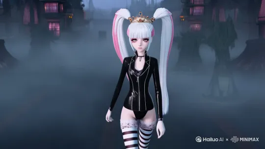Anime - style girl with dual - colored twin - tails, one side light gray and the other side with a hint of pink. She wears a crown on her head, and her eyes are large and almond - shaped with a mysterious gaze. She is dressed in a punk - inspired outfit with a zipper - detailed jacket and black - and - white striped stockings. Holding a pink umbrella with a delicate lace - like edge, the background is a foggy, futuristic cityscape with dim lights and a sense of mystery by Hailuo AI Video Generator