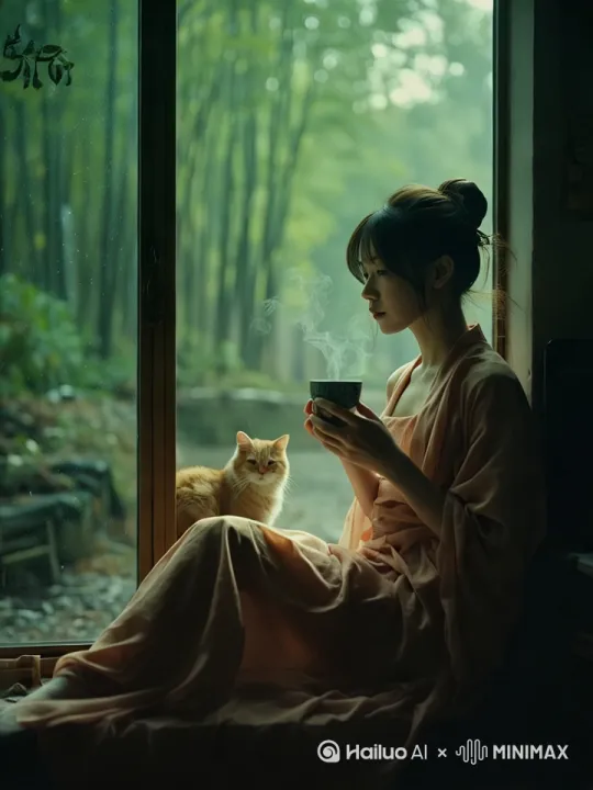 橘猫跳到美女怀里，女人用手抚摸着它，镜头推进，特写，手里的杯子飘着袅袅清烟。 by Hailuo AI Video Generator