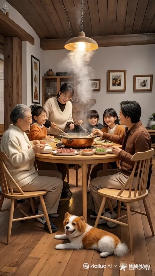 一家人正围在一起吃火锅，又说又笑，突然，狗狗从地上跳进了火锅里，沉入锅底，火锅料四溅，把一家人都吓的惊慌失措，镜头动起来，镜头动态跟随，镜头跟画面动起来，从不同角度展示人们冲进河里抓鱼的过程，动作自然流畅，符合逻辑，极致细节，镜头跟拍，超真实动态捕捉。清晰自然，不模糊，高质量，没有瑕疵，电影画质，整体画面节奏快，   镜头跟随      阳光 丰富细节 生动 神秘， by Hailuo AI Video Generator