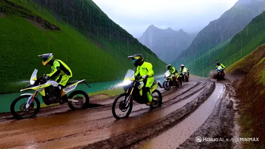 夏季,下着大雨的山间泥泞小路,几个身穿荧光雨衣的骑手骑行在山路上,拉力摩托车灯刺破雨幕。轮胎碾过泥泞山路,溅起一路泥水。拉力头盔面罩上雨滴不断滑落,引擎轰鸣声与雨声交织,车身过弯时带起泥水。路两边是青山绿水。远处青灰色山峦隐现。无人机跟随侧面远景航拍 by Hailuo AI Video Generator
