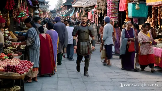 一个战士走在热闹的大街上 by Hailuo AI Video Generator