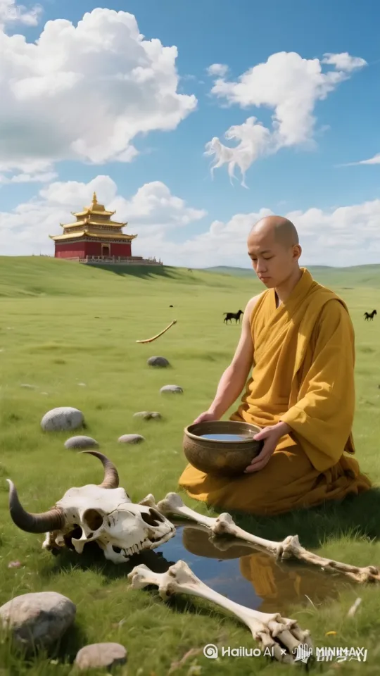 和尚把钵盂的水倒在骨骸上，牛骨骸立刻站立起来，和尚骑在牛身上，快速离开 by Hailuo AI Video Generator