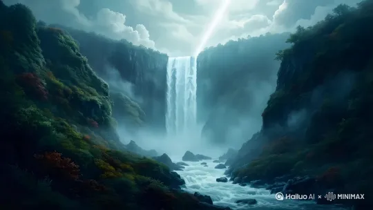[拉远,上升,下摇]瀑布飞流直下，溅起很多雾气，下边的河水湍流而下，泛起小小的浪花 by Hailuo AI Video Generator