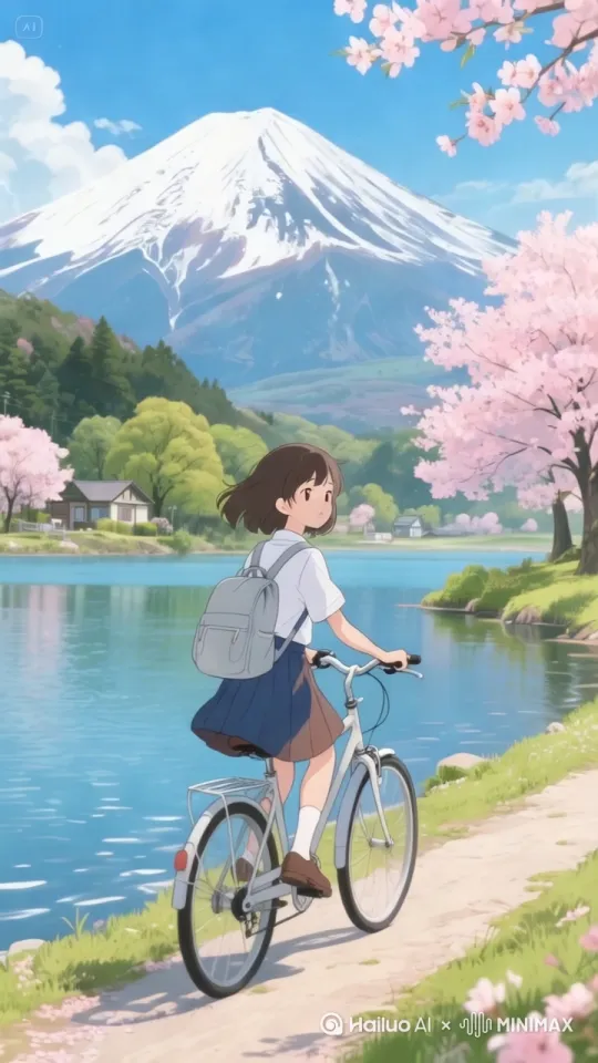 帮我生成视频:女孩向前骑车。景色随着人物向后移动。女孩头发随风飘扬。花朵和流水都自然流动！镜头平行跟随骑车女孩向前行走。突出人物自由和速度 by Hailuo AI Video Generator