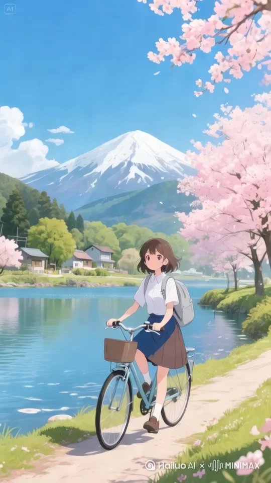 [跟随]帮我生成视频:女孩向前骑车行走。景色自然后拉。水面自然流动！花朵自然随风摇曳。 by Hailuo AI Video Generator