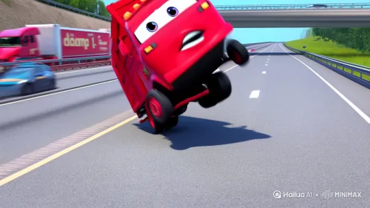 一辆红色的大运货车车，在大街上讲话，还要蹦蹦跳跳的，他的车窗上有两只眼睛，保险杠就是嘴巴。转换场景，到公路上，本跳着走路说话，并且很生气，然后撞到东西，并且一脸无辜，然后开走了，继续在公路上走 by Hailuo AI Video Generator
