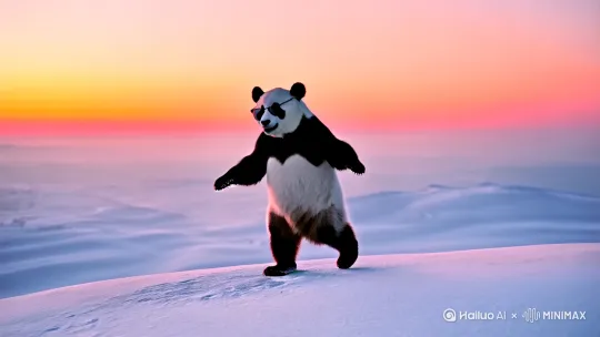 戴着太阳镜的毛茸茸的熊猫在日出时的雪山顶上跳舞，左移运镜 by Hailuo AI Video Generator