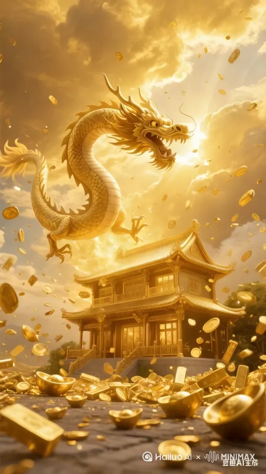 金龙盘旋房屋上方，金元宝金条从天而降 by Hailuo AI Video Generator