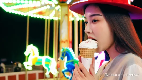 [推镜头]一个头戴小红帽的小女孩在吃冰琪灵，背景是灯光摇曳的旋转木马, by Hailuo AI Video Generator