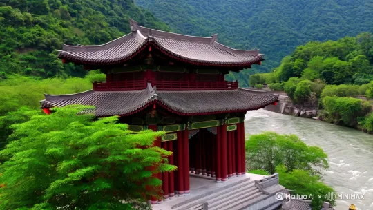 这是中国四川都江堰景区 。图中的古建筑是伏龙观，它位于都江堰离堆公园内，坐落在都江堰水利工程宝瓶口旁。都江堰水利工程是由秦国蜀郡太守李冰及其子率众于公元前256年左右修建的，是全世界迄今为止，年代最久、唯一留存、仍在一直使用、以无坝引水为特征的宏大水利工程 。伏龙观内陈列着都江堰相关的文物，还可俯瞰宝瓶口壮丽的水流景观。 by Hailuo AI Video Generator