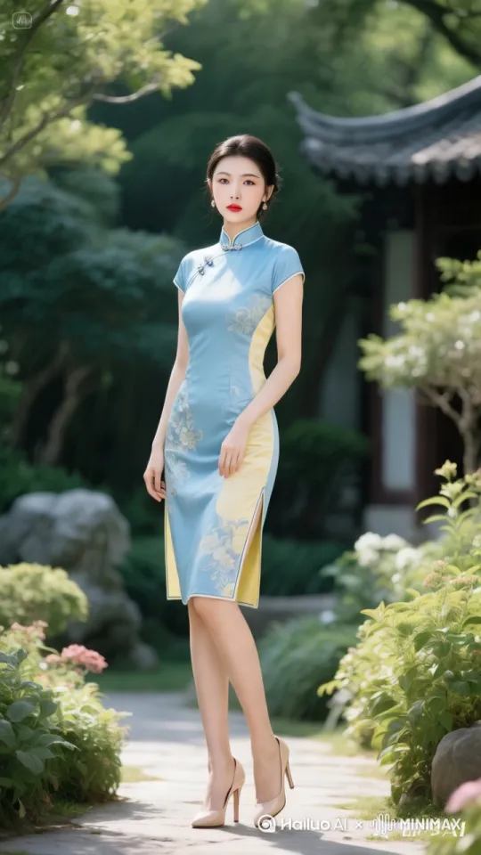 身着蓝黄刺绣旗袍的女子优雅行走在花园小径，发髻随风轻扬，指尖轻抚过垂落的紫藤花枝，远处古建筑檐角的风铃微微晃动，固定镜头展现传统服饰的流动美感 by Hailuo AI Video Generator