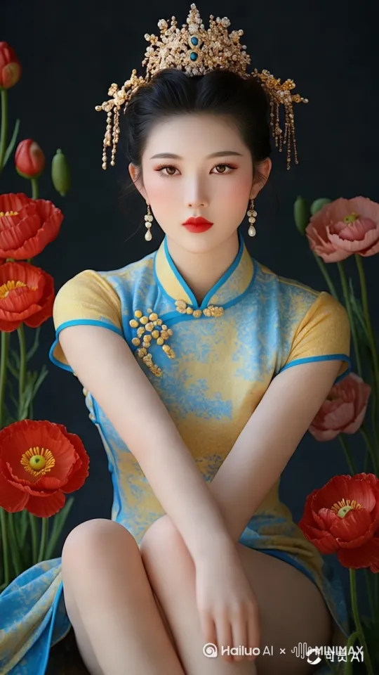 身着青黄色旗袍的女子缓缓从黑色背景中站起，红色罂粟花瓣轻柔飘落，她优雅抬手整理凤冠，珠宝在暗色中微微闪烁，固定镜头。 by Hailuo AI Video Generator