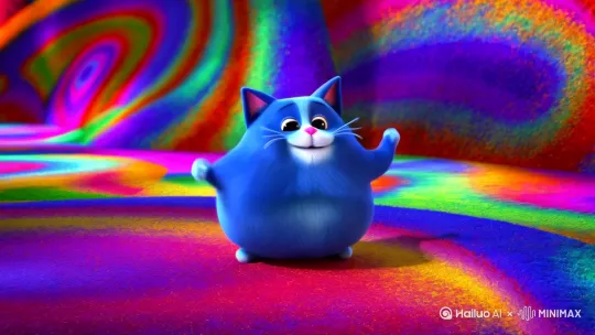 一只蓝色的胖猫开开心心的转圈圈跳舞 by Hailuo AI Video Generator