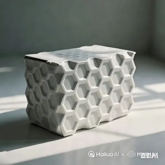 动画展示智卡循环快递箱从折叠状态快速展开，NFC 芯片在里箱子里，箱体材质特写（PP 蜂窝板纹理）箱子开始是完整的然后去下上面可以将下底往外折叠左右两个对称面像内凹陷折叠再复原 by Hailuo AI Video Generator