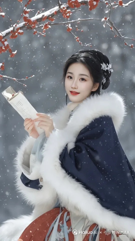 梅园雪中执卷的才女柳叶眉/慧眼神采/含蓄优雅/端坐姿态明制深蓝斗篷白狐毛边/银丝绦带徕卡SL3/50mm镜头/减曝补偿工笔细节/写实雪纹梅枝冰晶/呵气成霜 by Hailuo AI Video Generator