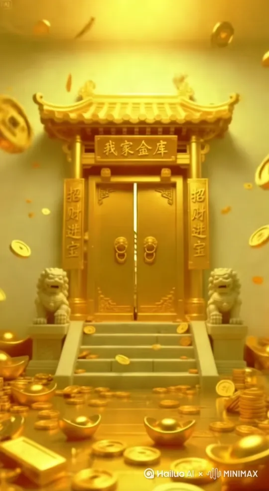 门大开，大量的金币元宝从门内涌出[推进,上升] by Hailuo AI Video Generator
