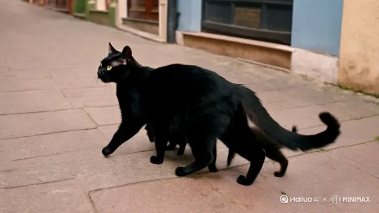 一个黑色的猫咪带娃，走在大街上，左看看右看看，街道俩边商铺林立 by Hailuo AI Video Generator