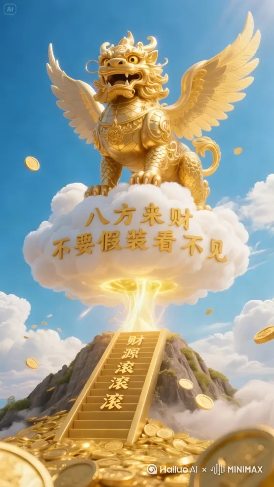 视频以晴朗的蓝天为开场背景，镜头从远景缓缓拉近，聚焦在那朵巨大的云朵之上。云朵洁白蓬松，上面 “八方来财 不要假装看不见” 的金色大字熠熠生辉。云朵之上，一只栩栩如生的金色神兽傲然伫立，它造型精美，肌肉线条流畅，翅膀的羽毛根根分明，双目炯炯有神，仿佛下一秒就要振翅高飞。

忽然，云朵下方金光乍现，光芒越来越盛，紧接着，一场令人震撼的金币瀑布雨倾泻而下。无数金光闪闪的金币如雨点般落下，形成一道璀璨夺目的金色洪流。金币沿着写有 “财源滚滚” 四个大字的金色阶梯飞速流淌，碰撞出清脆悦耳的声响。

与此同时，神兽仿佛被赋予了生命，开始生动起来。它张开大口，发出一声威严的咆哮，声音在天空中回荡。神兽的翅膀有力地扇动，带起强劲的气流，周围的云朵被搅动得翻滚涌动。它的身躯微微扭动，鳞片闪烁着耀眼的光芒，每一个动作都充满了力量与动感。

镜头随着金币瀑布雨的流向移动，展示金币在阶梯上层层堆积的画面， by Hailuo AI Video Generator