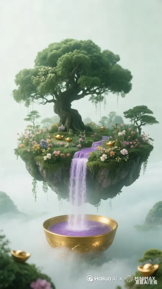 水缓缓流淌 岛上下漂浮 烟雾缭绕 微风吹树枝 by Hailuo AI Video Generator