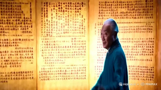 全景 古代老者转身面向镜头，双手作揖，身后竹简上《黄帝内经》的文字闪烁光芒。 by Hailuo AI Video Generator