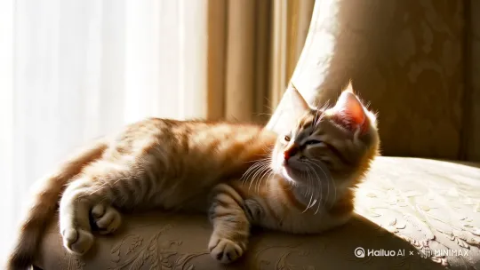 一只小猫懒洋洋的在椅子上面晒太阳 by Hailuo AI Video Generator