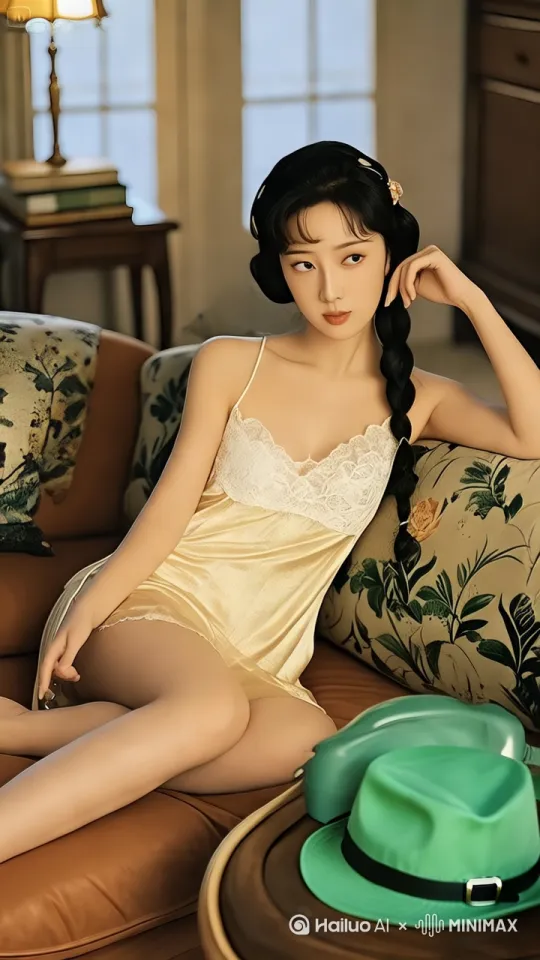女子用手拿起桌上的绿帽子扔向前方 by Hailuo AI Video Generator
