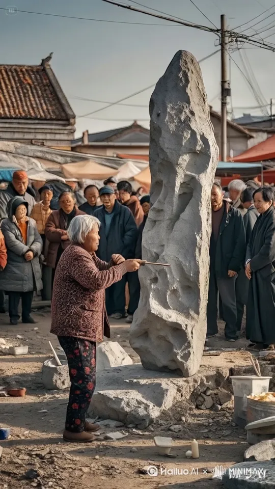 镜头移动，动态跟随。大娘双足轻点地面腾空飞起，突然在半空倒立，疯狂的、飞速的围绕巨石旋转翻腾。手中刻刀紧紧跟随大娘的动作，猛烈的在巨石上刻出无数道深深的凹槽，刻刀触及巨石之处，凹槽突显、火光喷射、大片的石屑纷飞。巨石竟被大娘瞬间雕刻成为了一条口吐龙珠、身型崎岖的石龙，仿佛下一秒便要踏云而去，围观的人们欢呼雀跃 by Hailuo AI Video Generator