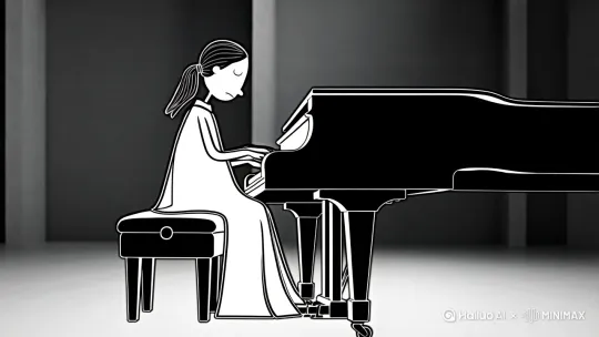 一个黑白简笔画小人弹琴，小人穿着一个无花纹的斗篷，有一个马尾发型 by Hailuo AI Video Generator