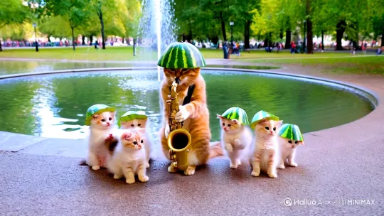 一个头戴西瓜帽的猫咪，带着五六只小猫咪，头上也带着西瓜皮帽，吹着萨克斯🎷，在公园喷水池边上演出 by Hailuo AI Video Generator