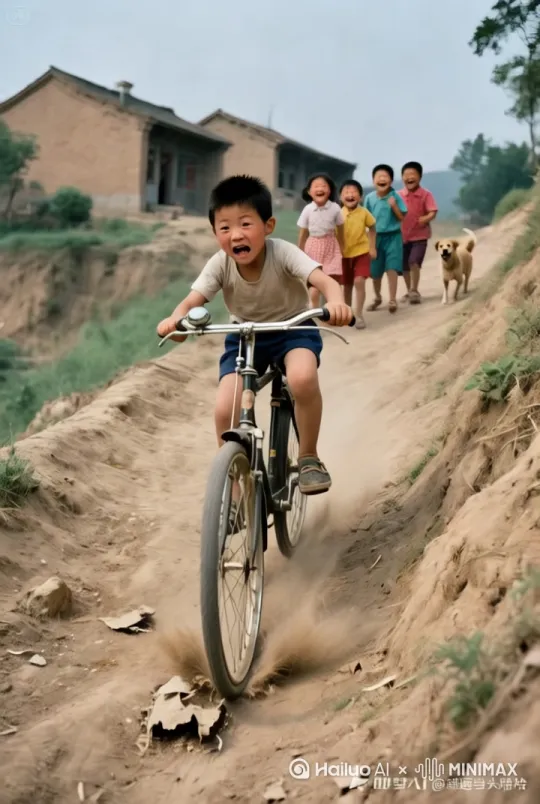 自行车越来越快，突然一个石头垫在自行车的前轮上，连人带自行车飞向空中，旋转着又落在地上。骑车的小孩痛的哭了起来，后面的小孩笑的前仰后合。 by Hailuo AI Video Generator