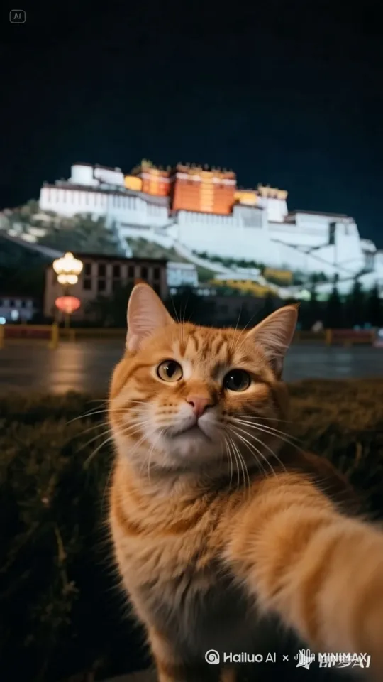 橘猫回头看了下旁边，身后的建筑画面跟随着镜头变得清晰。[晃动][上摇,变焦推进] by Hailuo AI Video Generator