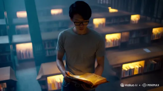 冷蓝灰调，图书馆灯光昏黄，突出神秘感
现代图书馆夜，林远（简约T恤+牛仔裤，戴黑框眼镜，书卷气）翻阅一本泛黄古书，书页泛着微光。 by Hailuo AI Video Generator