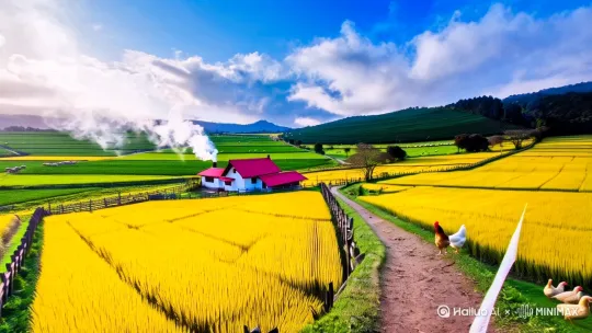 黄色的稻田围绕红顶白墙农舍,木栅栏围着绿油油菜地,晨雾中延伸出蜿蜒的土路,远处山坡点缀着吃草的羊群,蓝天下漂浮着棉花云,农舍烟囱冒着炊烟,篱笆旁开着粉色波斯菊,菜地旁有木制水车,画面采用超现实油画风格,16:9宽画幅,高饱和度与柔和光线结合,前景有沾着露珠的蜘蛛网,背景可见层叠的茶田和柿子树林,左侧画面加入挂满果实的葡萄架,右侧田间小路上有散步的母鸡和小鸭 by Hailuo AI Video Generator