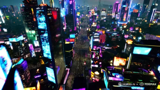 车水马龙的城市，赛博朋克2077，电影质感[推进,上升] by Hailuo AI Video Generator