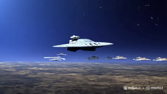参照一艘太空飞船，慢慢地飞了过来，下面的小飞船也在向前移动，背景换成太空演绎出一场世界视觉的星球大战 by Hailuo AI Video Generator