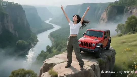 运镜方式：无人机环绕拍摄，镜头从远景的峡谷全景，逐渐拉近至特写，全方位捕捉每一个细节，展现宏大的自然景观与人物的动态之美，通过流畅的镜头运转变换，为观众带来身临其境的视觉体验。场景布置：在壮丽的峡谷之中，悬崖边的巨石上停放着一辆醒目的红色越野车，车身线条硬朗，在大自然的背景下显得格外醒目。越野车的引擎盖上，站着一位亚洲年轻女孩，她身材苗条，拥有令人羡慕的长腿，上身穿着简约的白色 T 恤，下身搭配时尚的工装裤，展现出青春活力与时尚感。人物动态：女孩双臂高举，张开呈大大的 V 字形，身体微微向后仰着，脸上洋溢着享受美景、怡然自得的神情，仿佛与大自然融为一体。随着微风拂过，她轻柔的长发如丝带般在空中飘舞，发丝随风轻轻扬起又缓缓落下，灵动而自然。身上的白 T 恤被风轻轻吹起，领口、下摆微微颤动，展现出一种随性洒脱之感；工装裤的裤腿也在微风中轻轻摆动，增添了几分活泼俏皮。环境细节：蓝天如宝石般澄澈，峡谷内一条小河沿着山势蜿蜒流淌，呈现出优美的 S 形曲线，河水在阳光的照耀下波光粼粼，快速地流动着，溅起层层白色的水花，仿佛在欢快地歌唱。小河两岸绿树成荫，树木枝繁叶茂，翠绿的树叶在微风中沙沙作响，与流水声交织成一曲动人的自然乐章。芳草遍地，野花点缀其中，为大地铺上了一层五彩斑斓的地毯。峡谷间弥漫着薄雾，如轻纱般飘动，给整个画面增添了一种朦胧的诗意美感，让这片大自然的景观显得更加神秘而壮观，如同一幅绝美的画卷，又似国家地理纪录片中的震撼场景，拥有极致的电影质感，每一帧画面都散发着惬意舒适的氛围，让人沉醉其中。图片风格为CG 厚涂，比例 16:9。 by Hailuo AI Video Generator