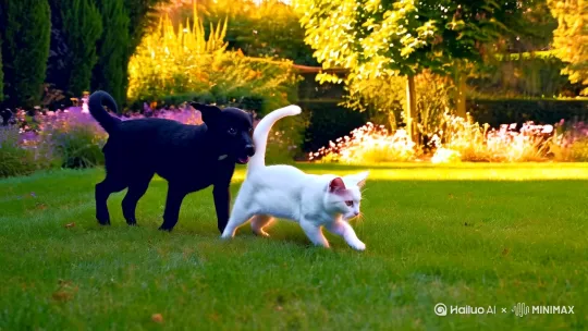 一只白色的小猫和一只黑色的小狗在草坪上嬉戏， by Hailuo AI Video Generator