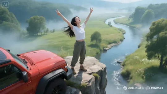运镜方式：无人机环绕拍摄，镜头从远景的峡谷全景，逐渐拉近至特写，全方位捕捉每一个细节，展现宏大的自然景观与人物的动态之美，通过流畅的镜头运转变换，为观众带来身临其境的视觉体验。场景布置：在壮丽的峡谷之中，悬崖边的巨石上停放着一辆醒目的红色越野车，车身线条硬朗，在大自然的背景下显得格外醒目。越野车的引擎盖上，站着一位亚洲年轻女孩，她身材苗条，拥有令人羡慕的长腿，上身穿着简约的白色 T 恤，下身搭配时尚的工装裤，展现出青春活力与时尚感。人物动态：女孩双臂高举，张开呈大大的 V 字形，身体微微向后仰着，脸上洋溢着享受美景、怡然自得的神情，仿佛与大自然融为一体。随着微风拂过，她轻柔的长发如丝带般在空中飘舞，发丝随风轻轻扬起又缓缓落下，灵动而自然。身上的白 T 恤被风轻轻吹起，领口、下摆微微颤动，展现出一种随性洒脱之感；工装裤的裤腿也在微风中轻轻摆动，增添了几分活泼俏皮。环境细节：蓝天如宝石般澄澈，峡谷内一条小河沿着山势蜿蜒流淌，呈现出优美的 S 形曲线，河水在阳光的照耀下波光粼粼，快速地流动着，溅起层层白色的水花，仿佛在欢快地歌唱。小河两岸绿树成荫，树木枝繁叶茂，翠绿的树叶在微风中沙沙作响，与流水声交织成一曲动人的自然乐章。芳草遍地，野花点缀其中，为大地铺上了一层五彩斑斓的地毯。峡谷间弥漫着薄雾，如轻纱般飘动，给整个画面增添了一种朦胧的诗意美感，让这片大自然的景观显得更加神秘而壮观，如同一幅绝美的画卷，又似国家地理纪录片中的震撼场景，拥有极致的电影质感，每一帧画面都散发着惬意舒适的氛围，让人沉醉其中。图片风格为CG 厚涂，比例 16:9。 by Hailuo AI Video Generator