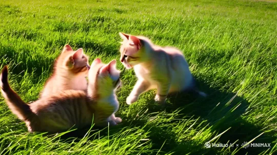 三只小猫在草地上玩耍 by Hailuo AI Video Generator